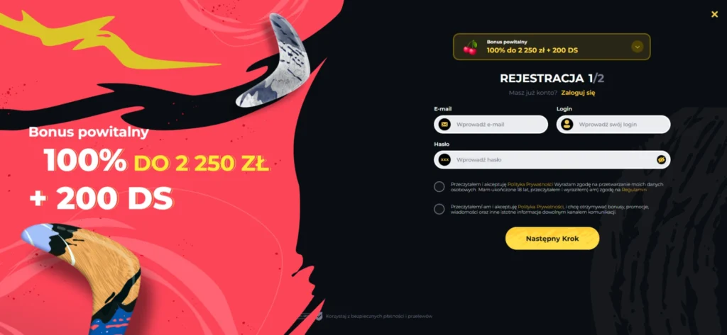 Rejestracja 1/2 Bonus powitalniy 100% do 2250 zl + 200 DS
